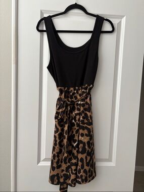 Black Tank Top with Leopard Print Skirt Dress with accent tie belt
